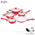 9 pcs red oil free nonstick ceramic cookware containing frying pan and sauce pot